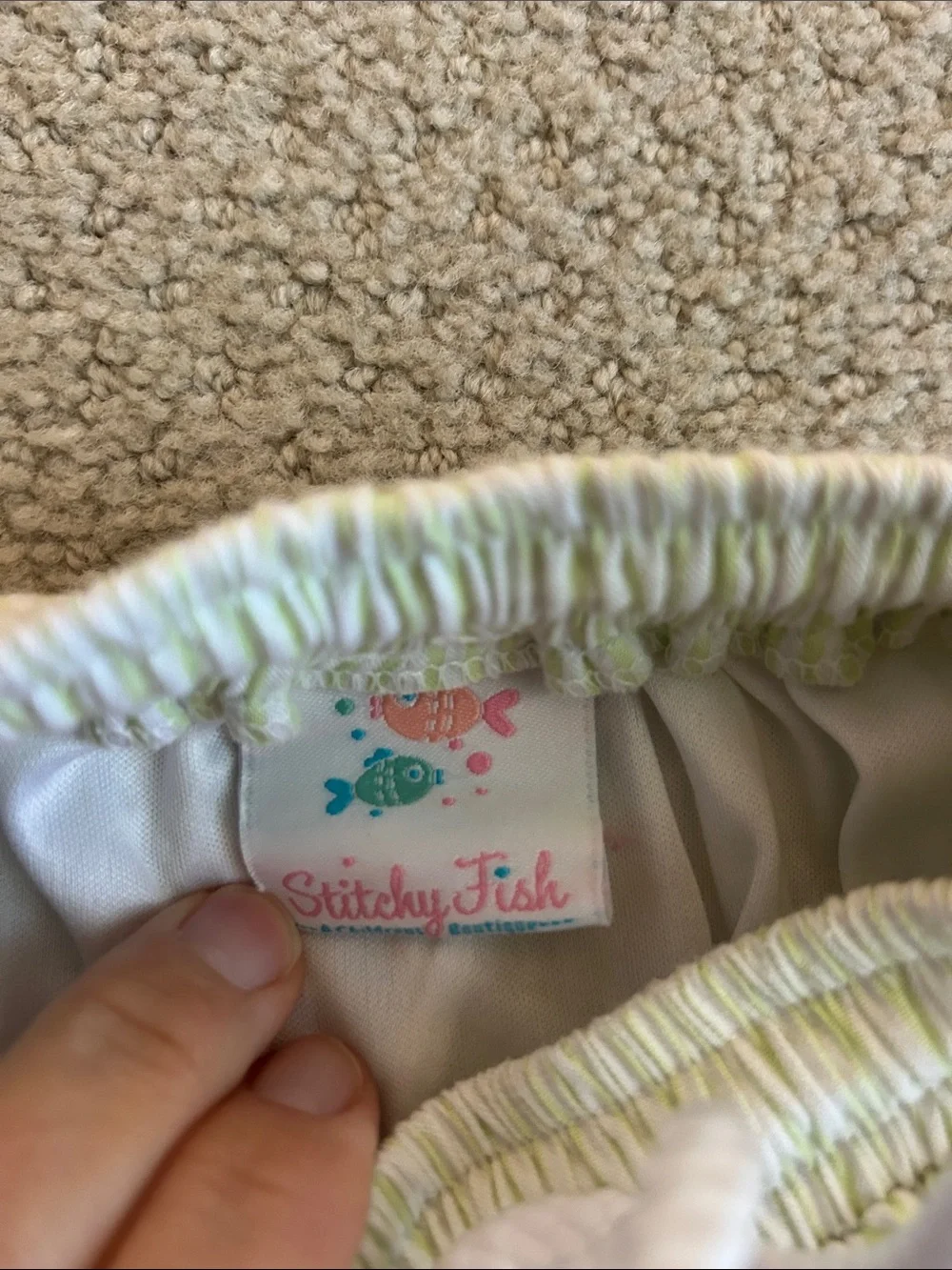Sticky Fish Light Green Seersucker Kids Swimsuit with Smocked Green Whale
